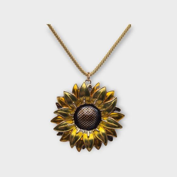 Sunflower Pendant Gold Snake Necklace | Vintage Floral Statement Jewelry - Picture 3 of 7